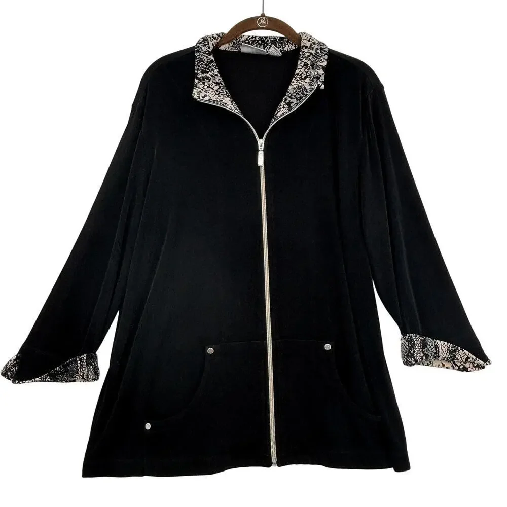 Chico's‎ Travelers Slinky Blouse Top Size XL Black Zip Up Animal Print Trim